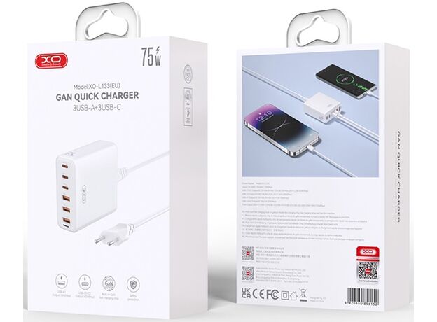 Зарядное устройство XO L133(EU) 75W GaN 3A+3C, White — купить в Кишинёве | Зарядные устройства к смартфонам | Hi-Tech Moldova