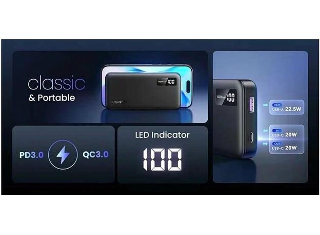 Портативный аккумулятор UGREEN with Digital Display 10000mAh, 22,5W, (25742) Black — купить в Кишинёве | Портативный аккумулятор (Powerbank) | Hi-Tech Moldova