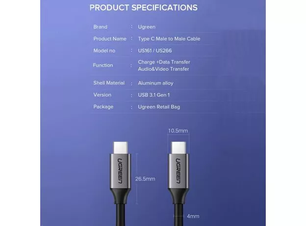 Cablu USB UGREEN US161, Type-C 3.1/Type-C 3.1 Gen 1, Gray (50751) — cumpără în Chișinău | Type-C | Hi-Tech Moldova
